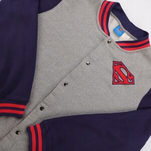 DC Comics Superman Mens‎ Varsity Jacket Gray Navy Blue Snap Front Letterman